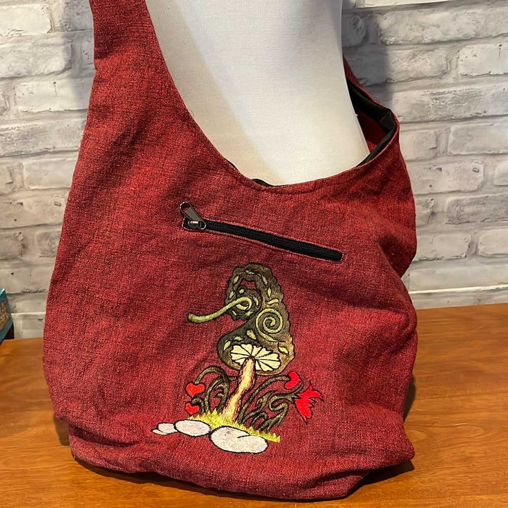 100% cotton hobo bag over shoulder cross body burgundy embroidered mushrooms